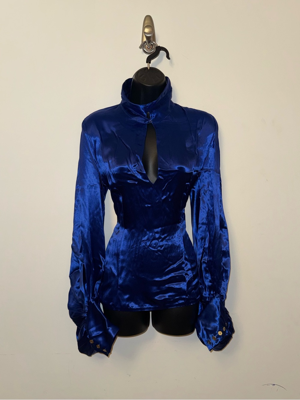 Yves Saint Laurent Vintage Cobalt Blue Satin Blouse with Balloon Sleeves
